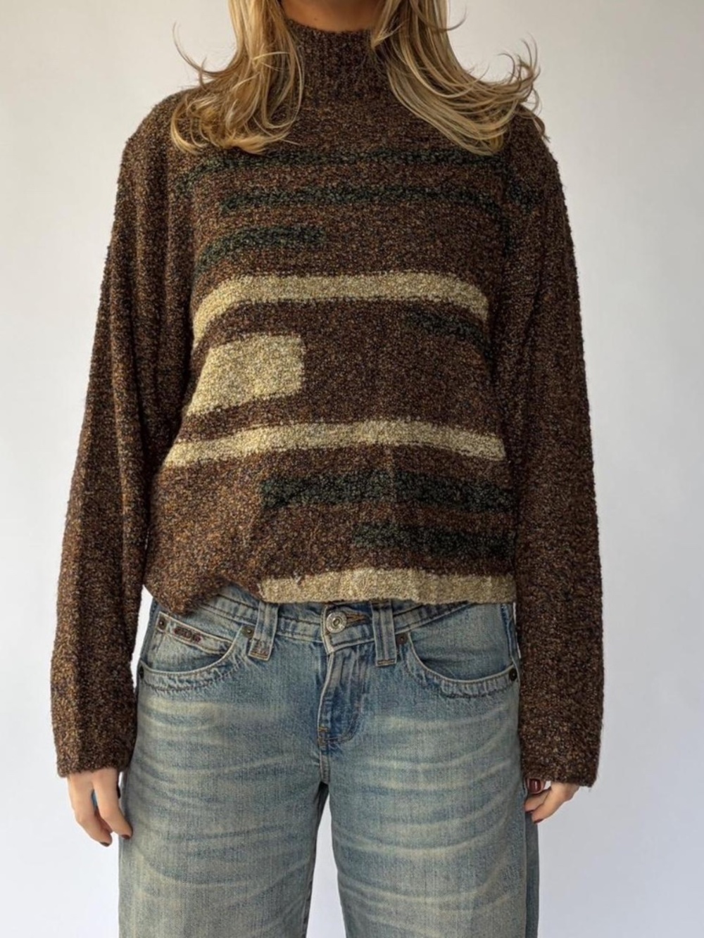 Abstract Sweater Brown Mock Neck Large NWT